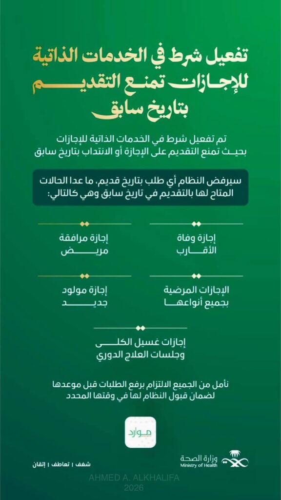 منع تقديم طلب الانتداب وطلب الإجازات بأنواعها في نظام موارد بتاريخ سابق